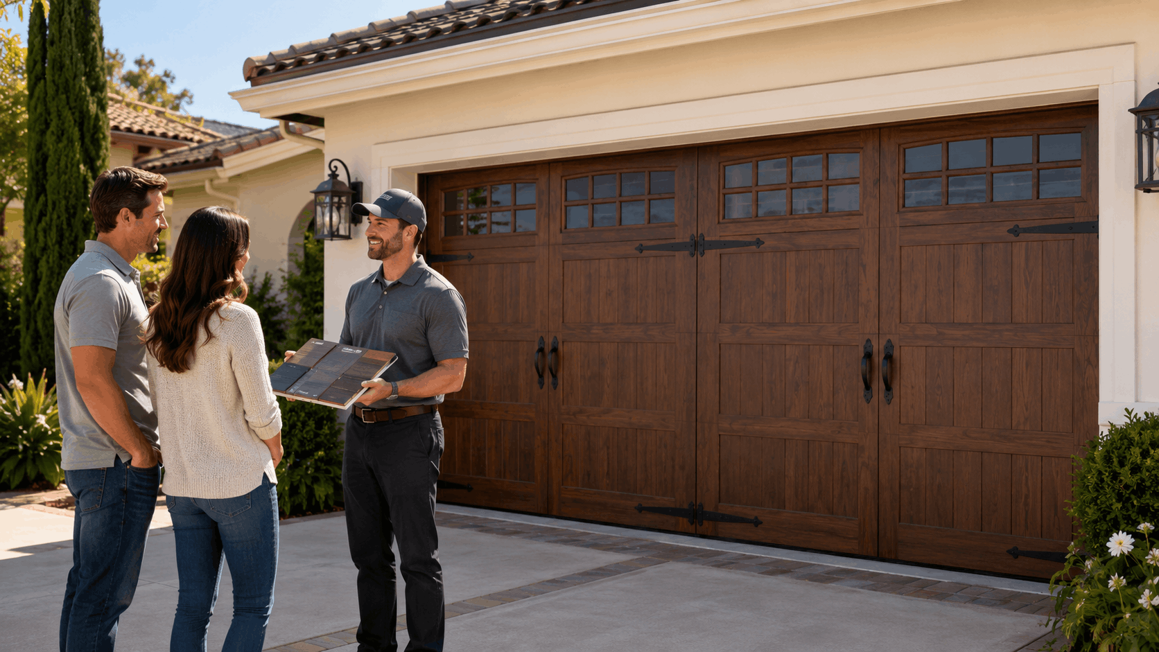Garage door contractor showing material samples to homeowners outside Irvine home