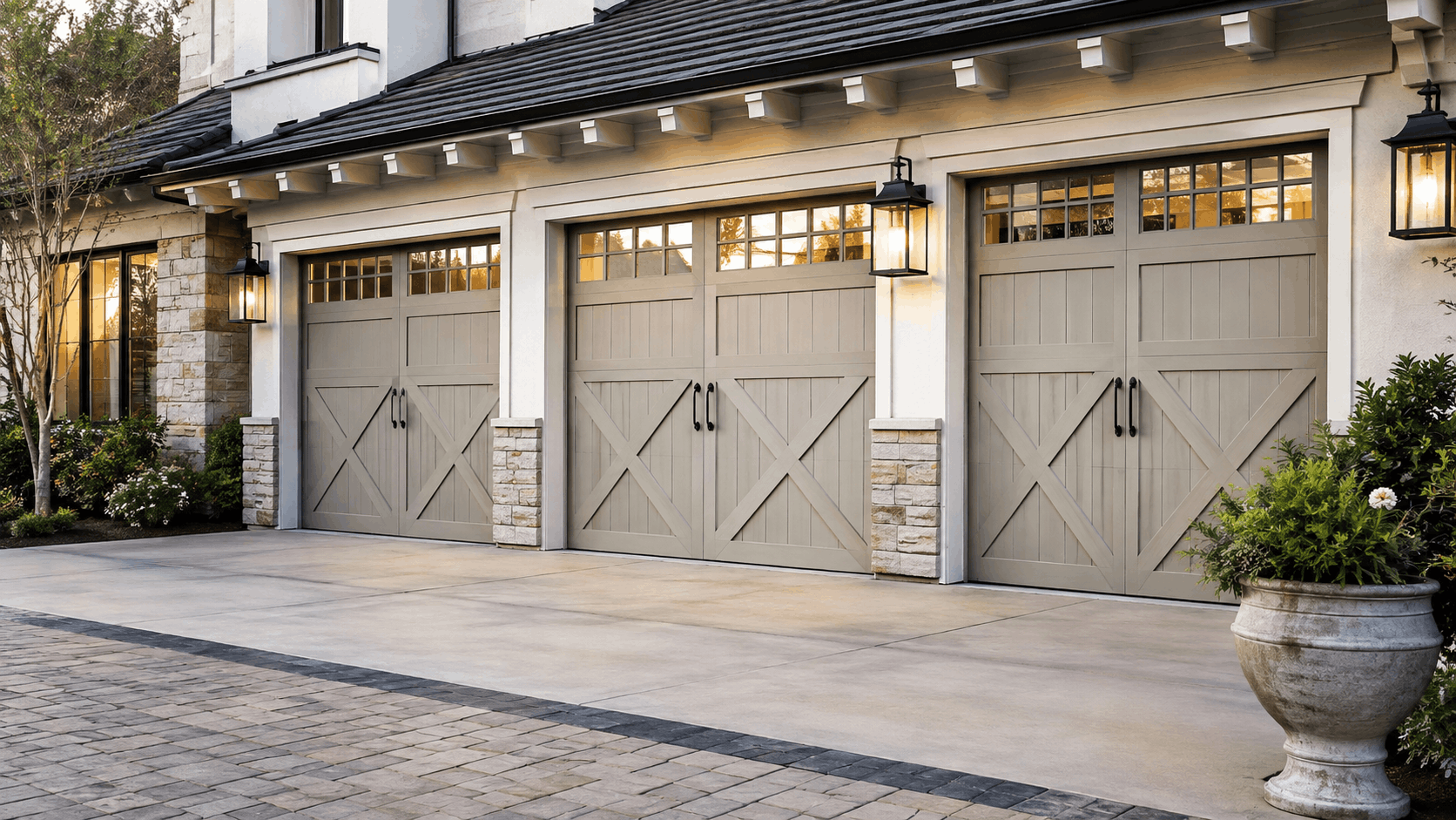 Three elegant carriage house garage doors with X-pattern design and windows in Irvine