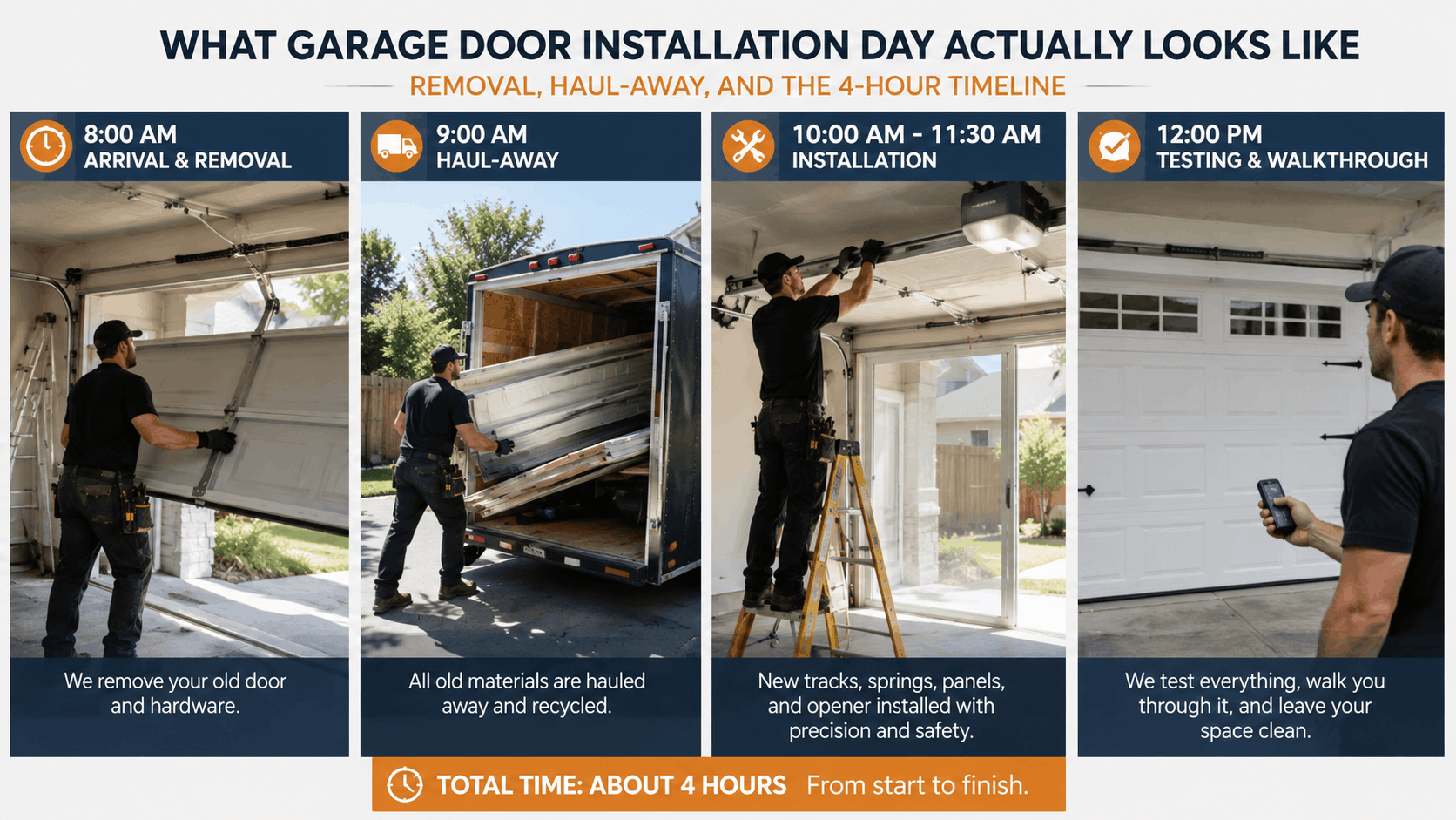 Garage door installation timeline showing removal, haul-away, and completed installation in Irvine