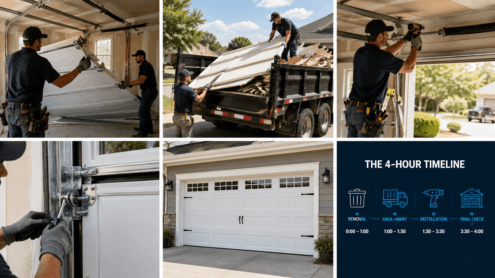Garage door replacement 4-hour timeline showing removal, haul-away, installation, and final inspection steps