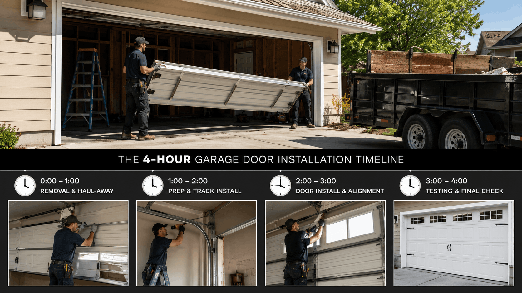 Two technicians removing old garage door panels during 4-hour Irvine installation timeline