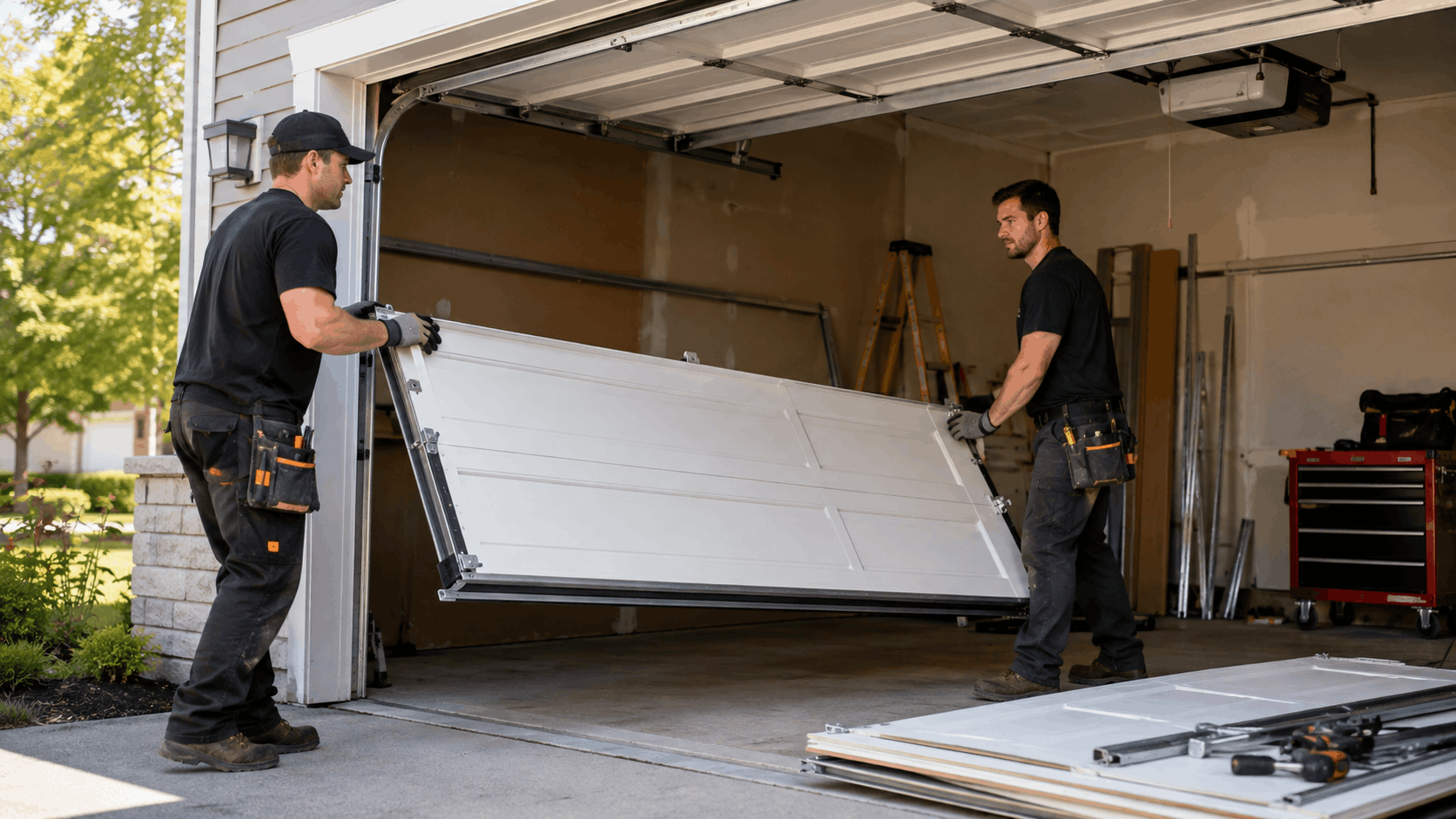 Two professional technicians installing a white garage door panel in Irvine home