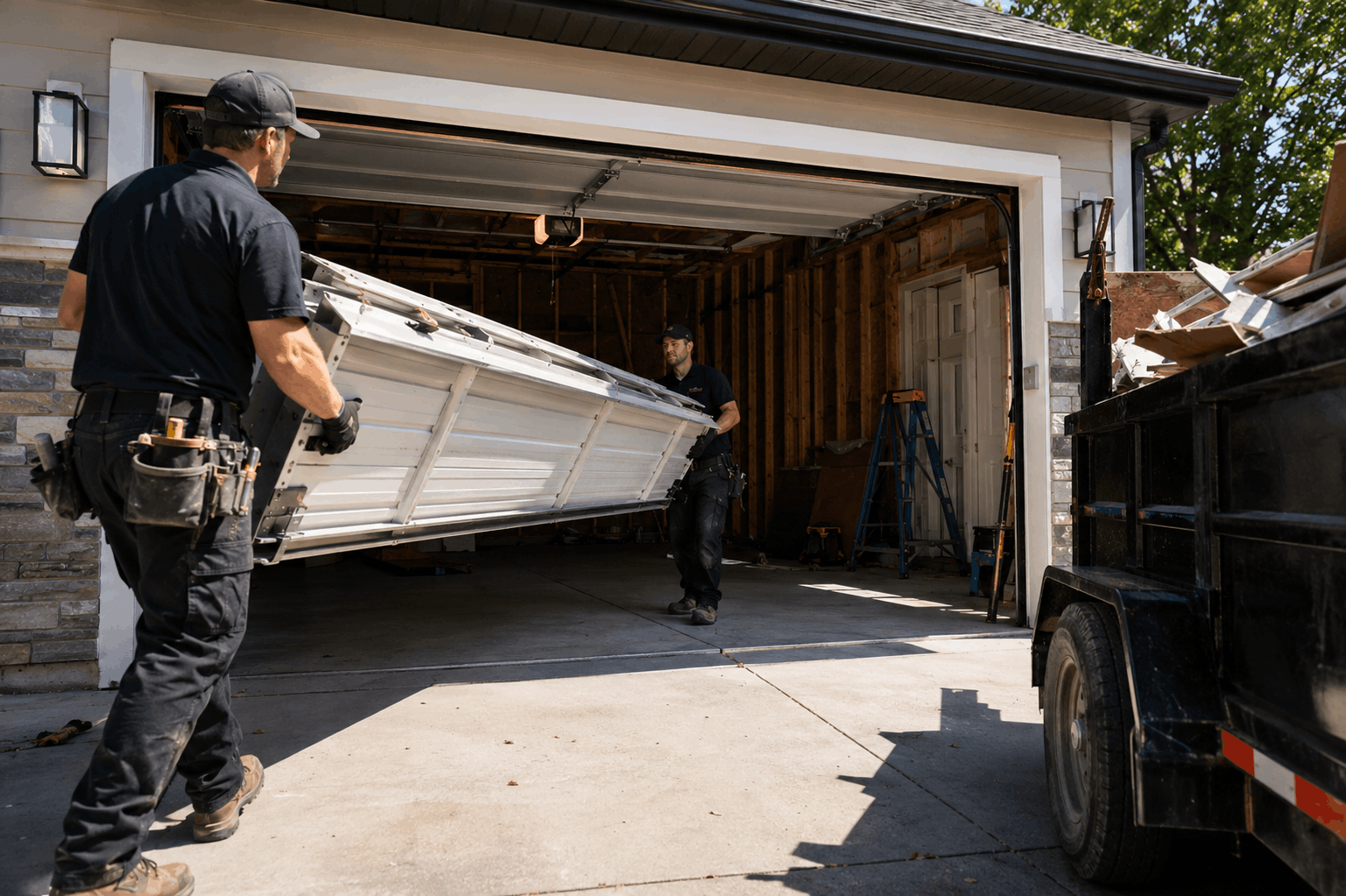 Two technicians removing old garage door panels in Irvine residential home replacement