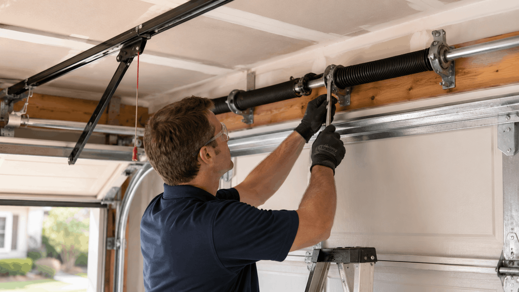 Technician adjusting torsion spring on garage door track in Irvine home