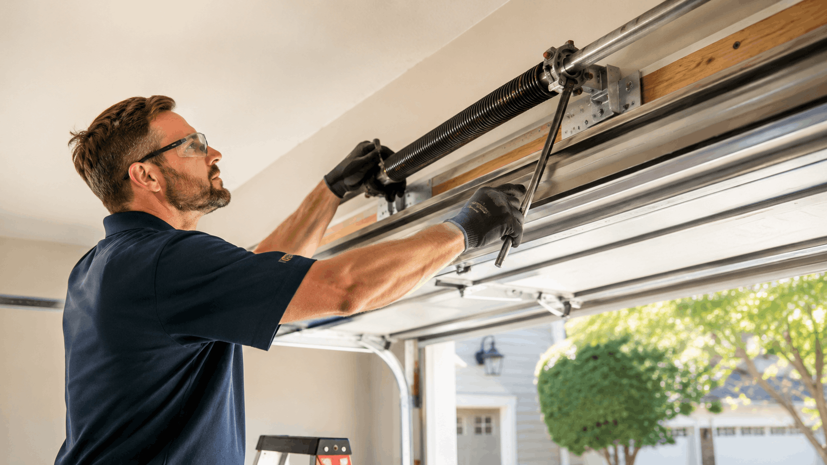 Technician adjusting torsion spring system on garage door track in Irvine home