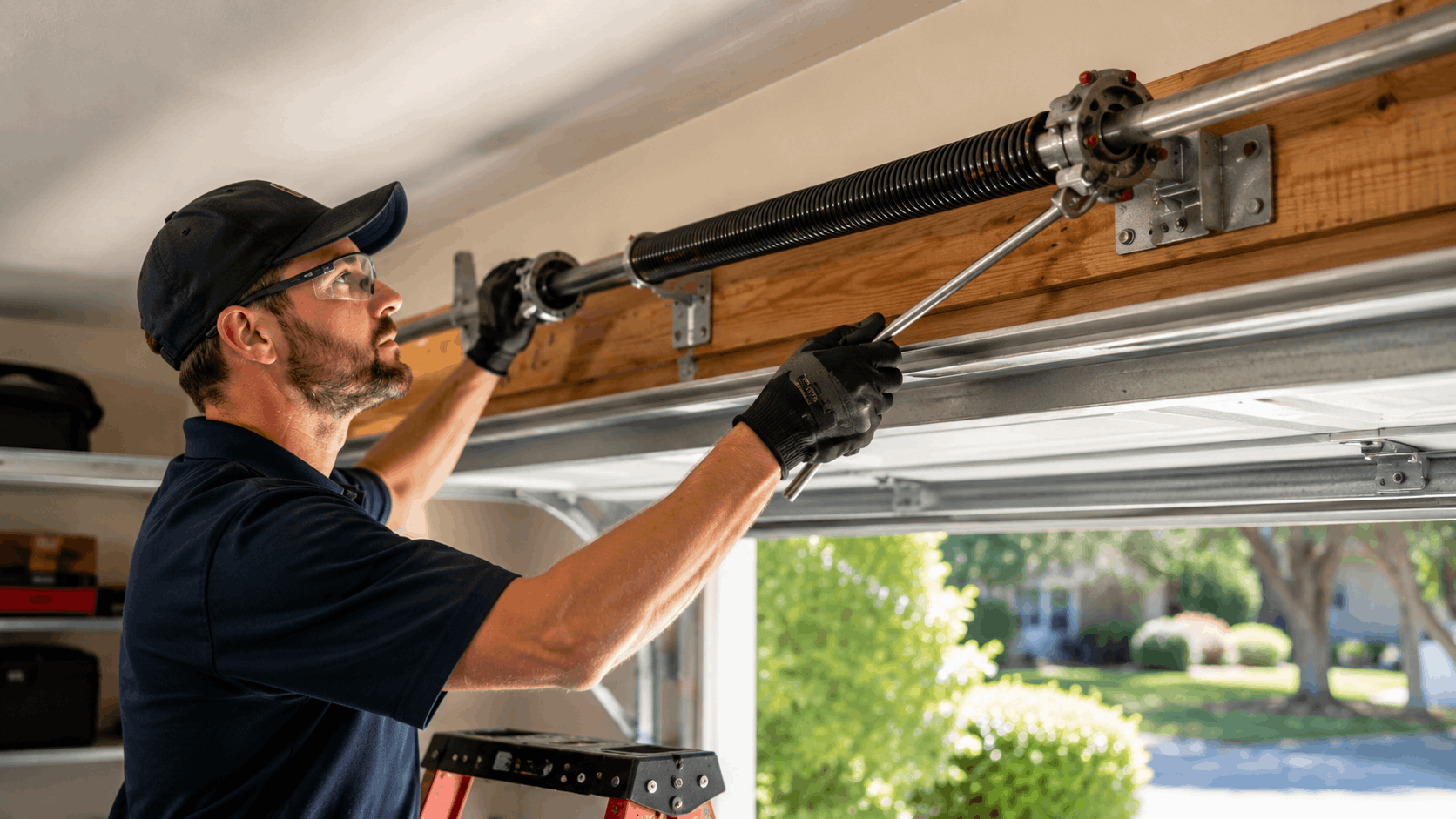 Technician adjusting torsion spring on garage door in Irvine residential home