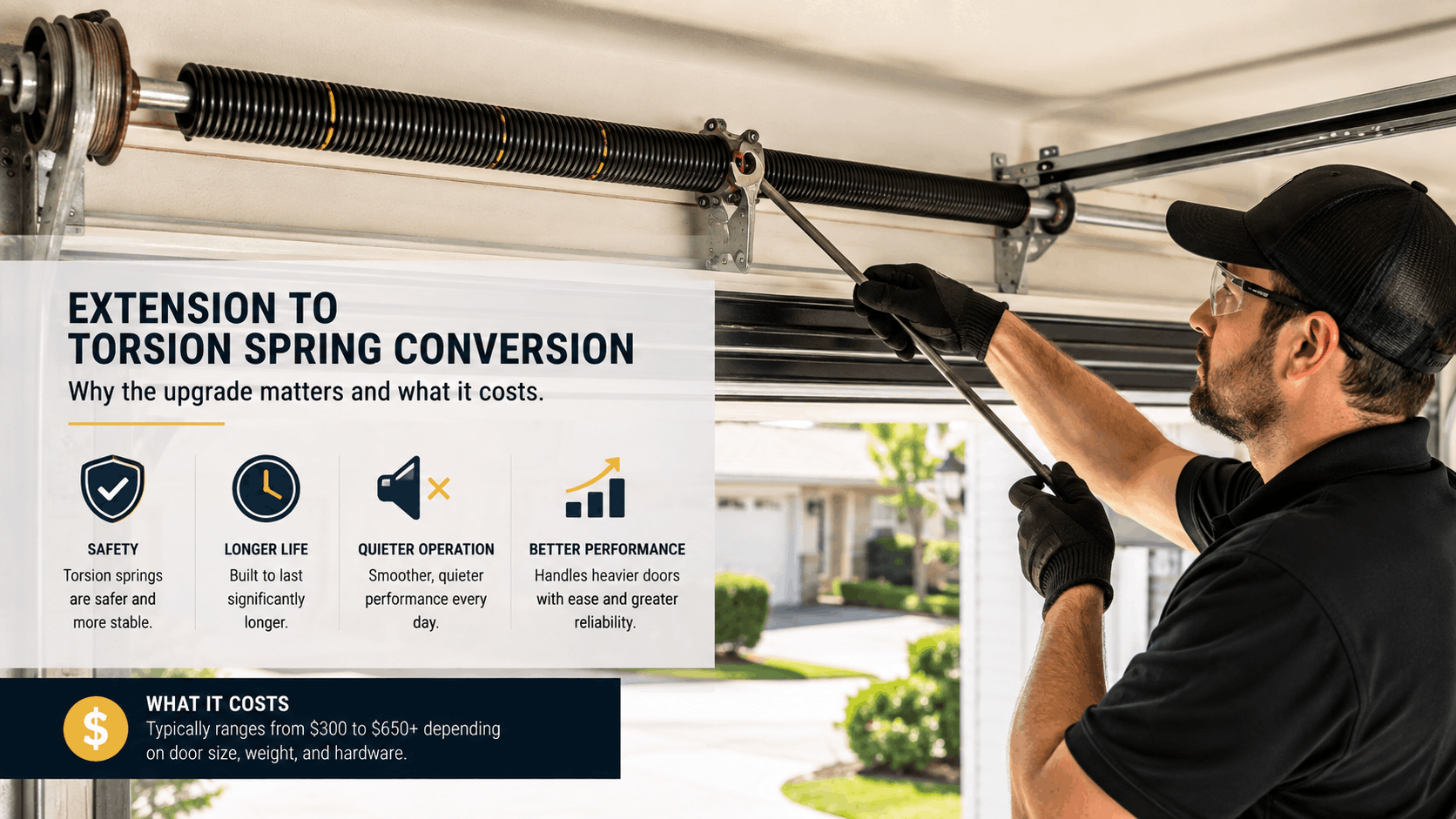 Garage door technician adjusting torsion spring conversion with winding bars in Irvine