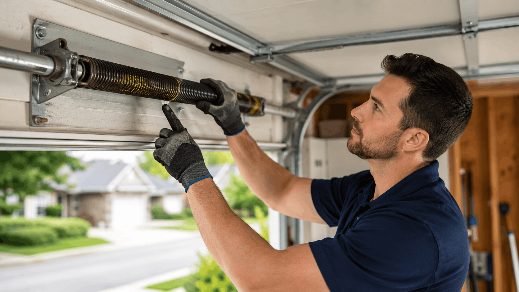 Technician repairing garage door torsion spring mechanism in Irvine residential garage