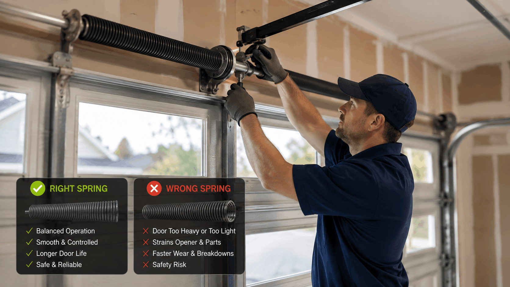 Garage door technician replacing torsion spring showing right versus wrong spring comparison