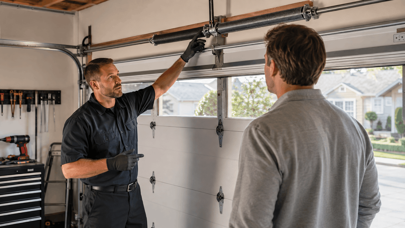 Garage door technician explaining torsion spring system to Irvine homeowner during inspection