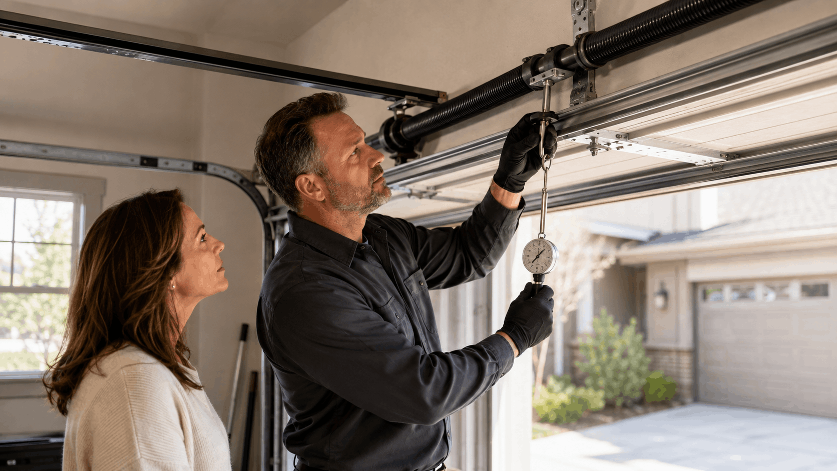 Garage door technician using tension gauge to inspect torsion spring with homeowner watching