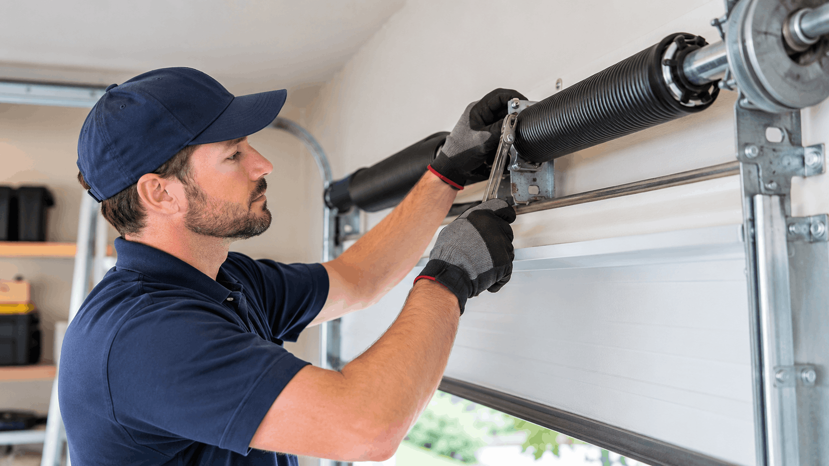 Garage door technician repairing torsion spring system on residential garage door in Irvine