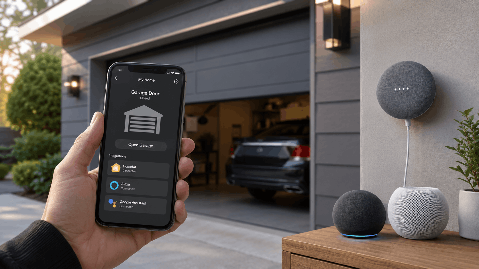 Smart garage door app on smartphone showing HomeKit Alexa Google Assistant integrations connected