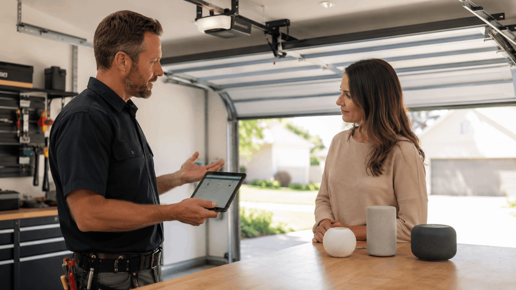 Technician showing homeowner tablet for Alexa smart garage door control system setup
