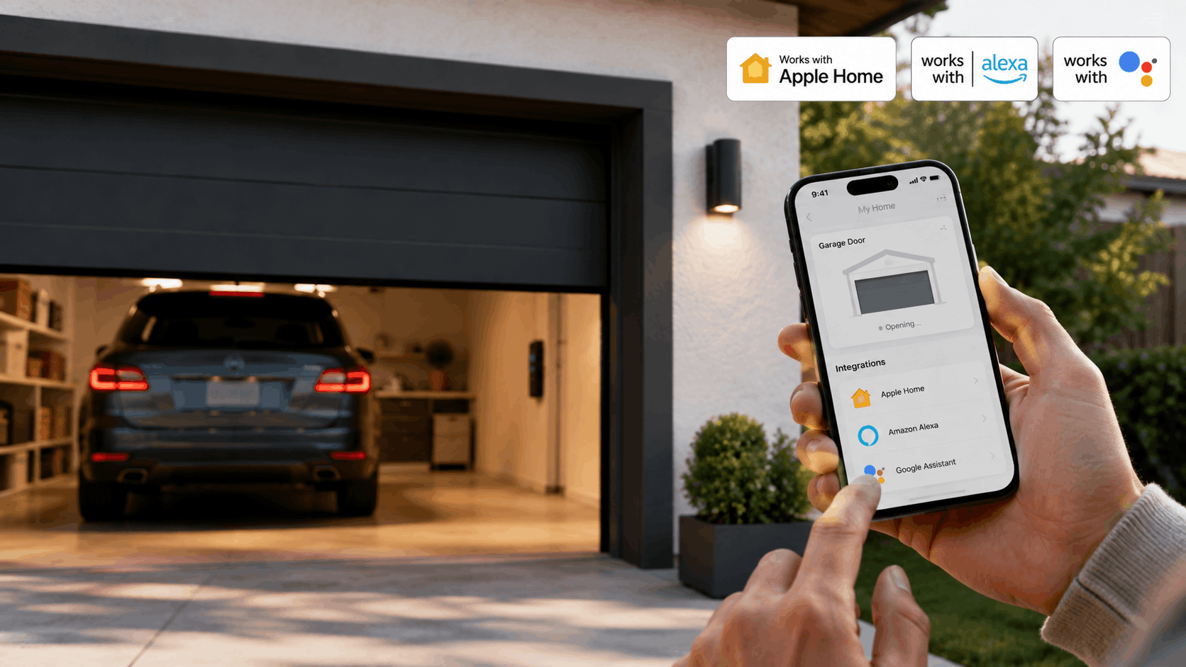 Smart phone app controlling garage door opener compatible with Apple Home Alexa Google Assistant