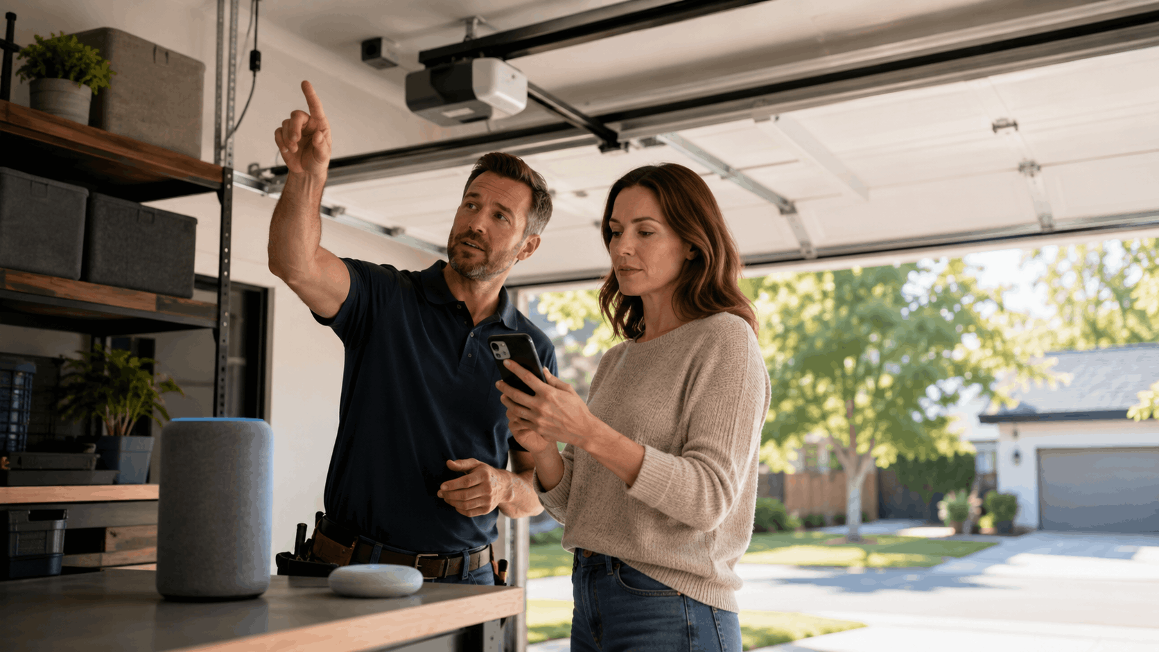 Technician showing homeowner smart garage door opener setup on smartphone in Irvine