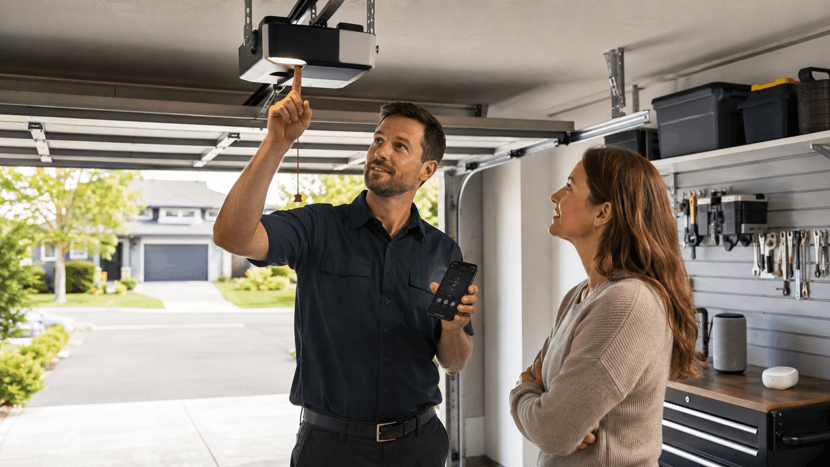 Technician explaining smart garage door opener system to Irvine homeowner using smartphone app