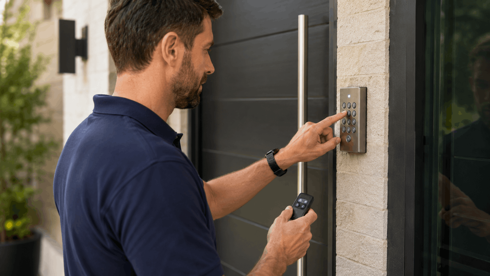 Man entering security keypad code on exterior wall beside modern garage door
