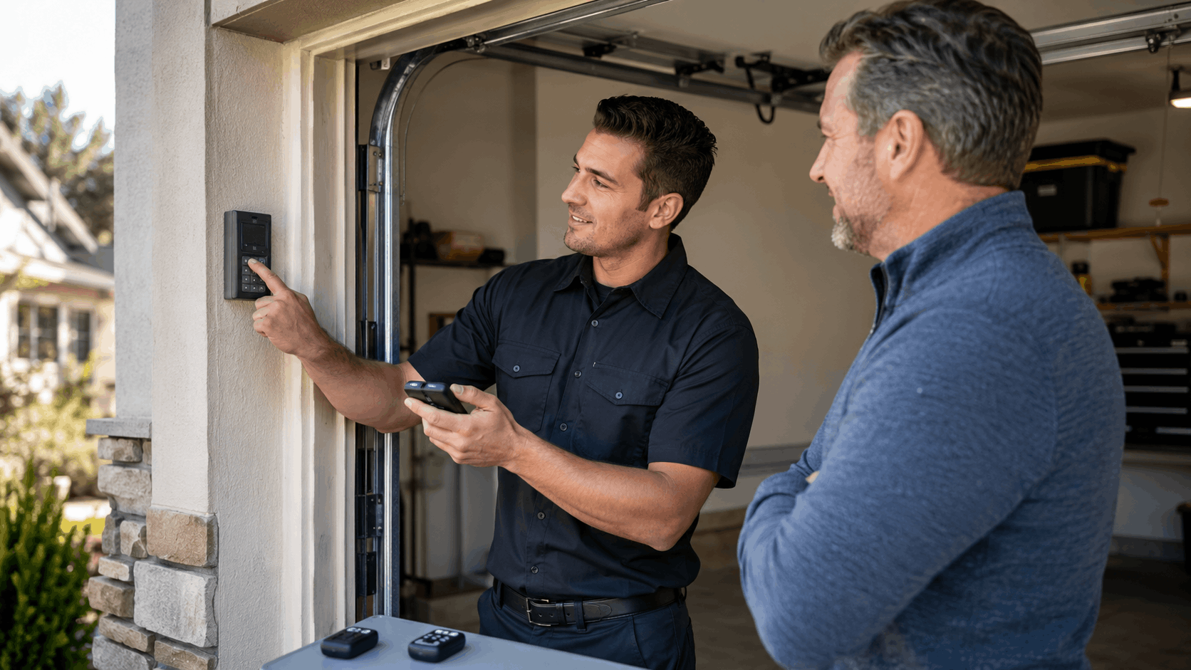 Garage door technician installing wireless keypad while homeowner watches in Irvine