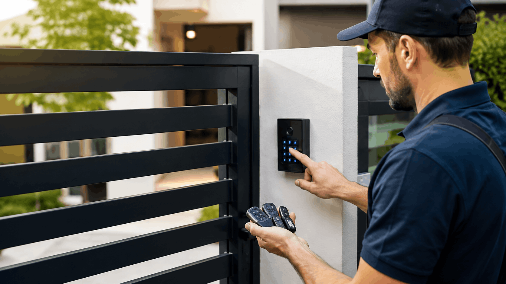 Technician programming gate keypad while holding multiple garage door remotes outdoors