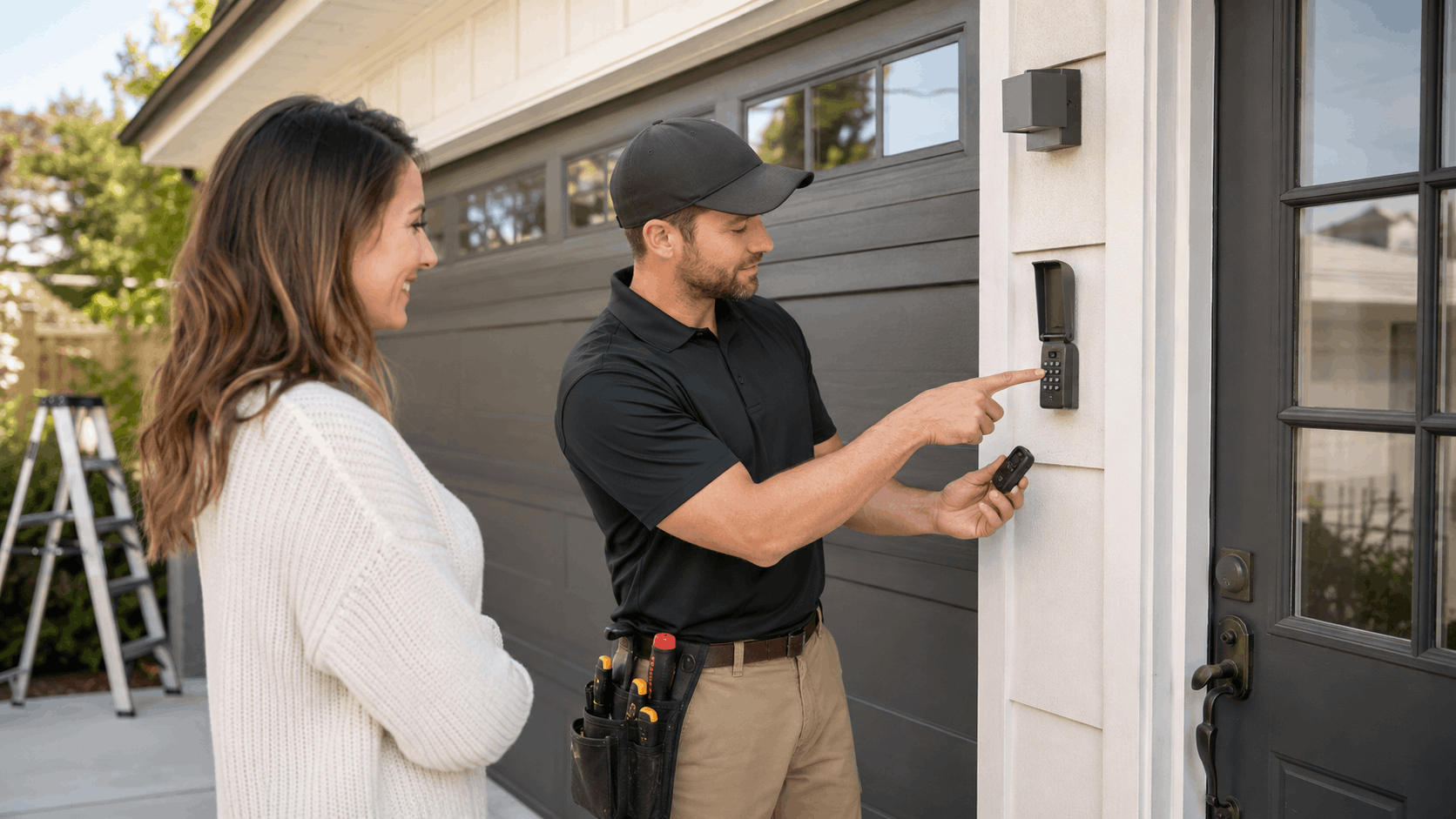 Technician demonstrating garage door keypad security upgrade to Irvine homeowner outside