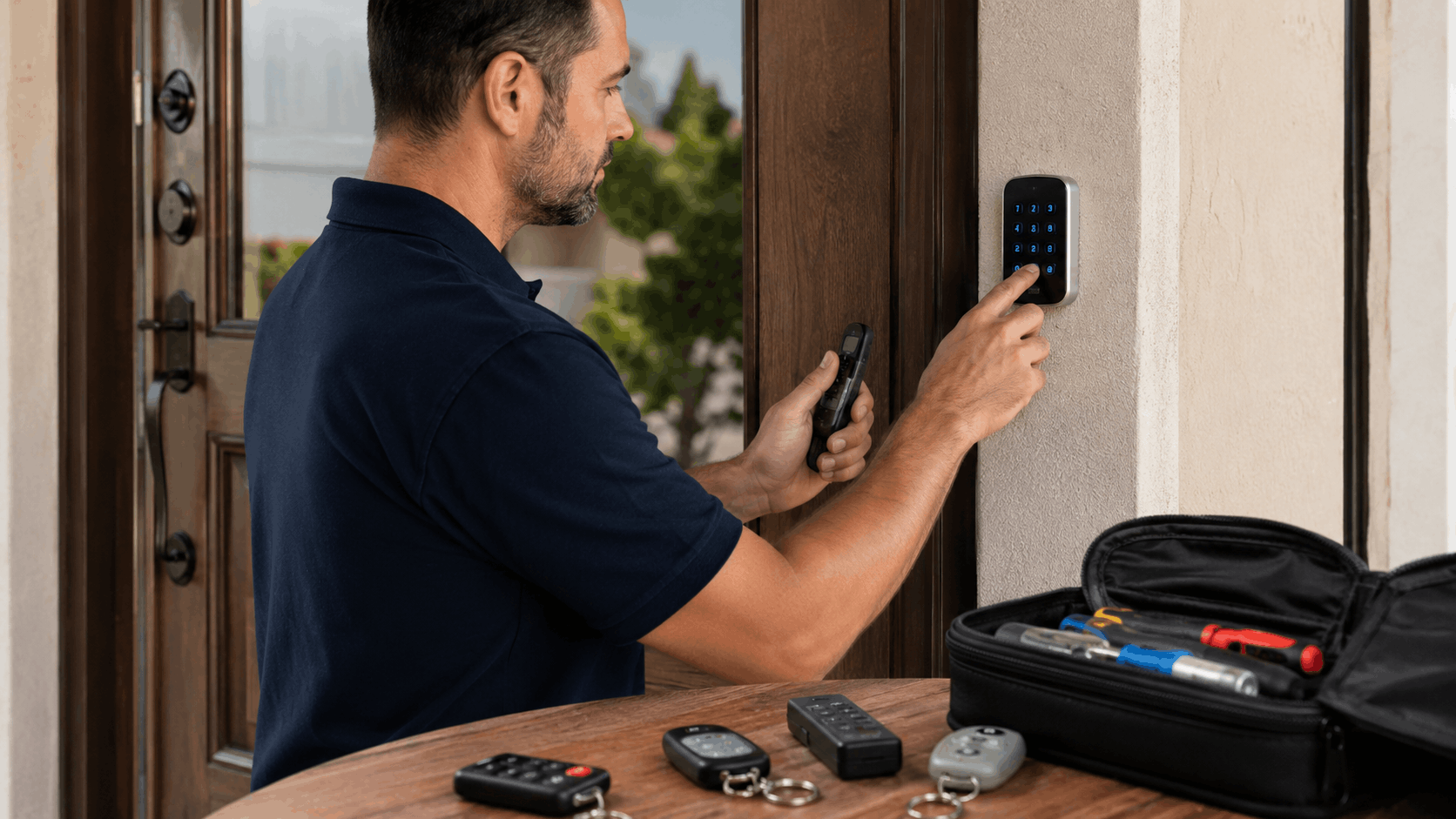 Technician programming keypad access control panel beside residential door with remote controls