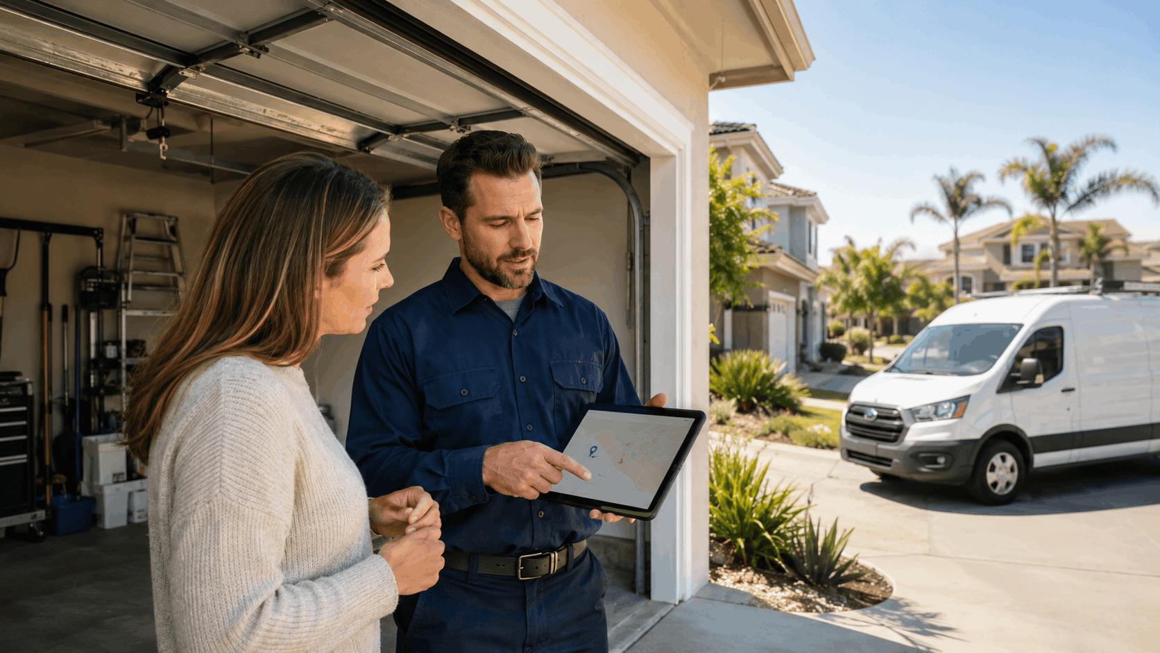 Technician showing homeowner tablet beside open garage door and service van