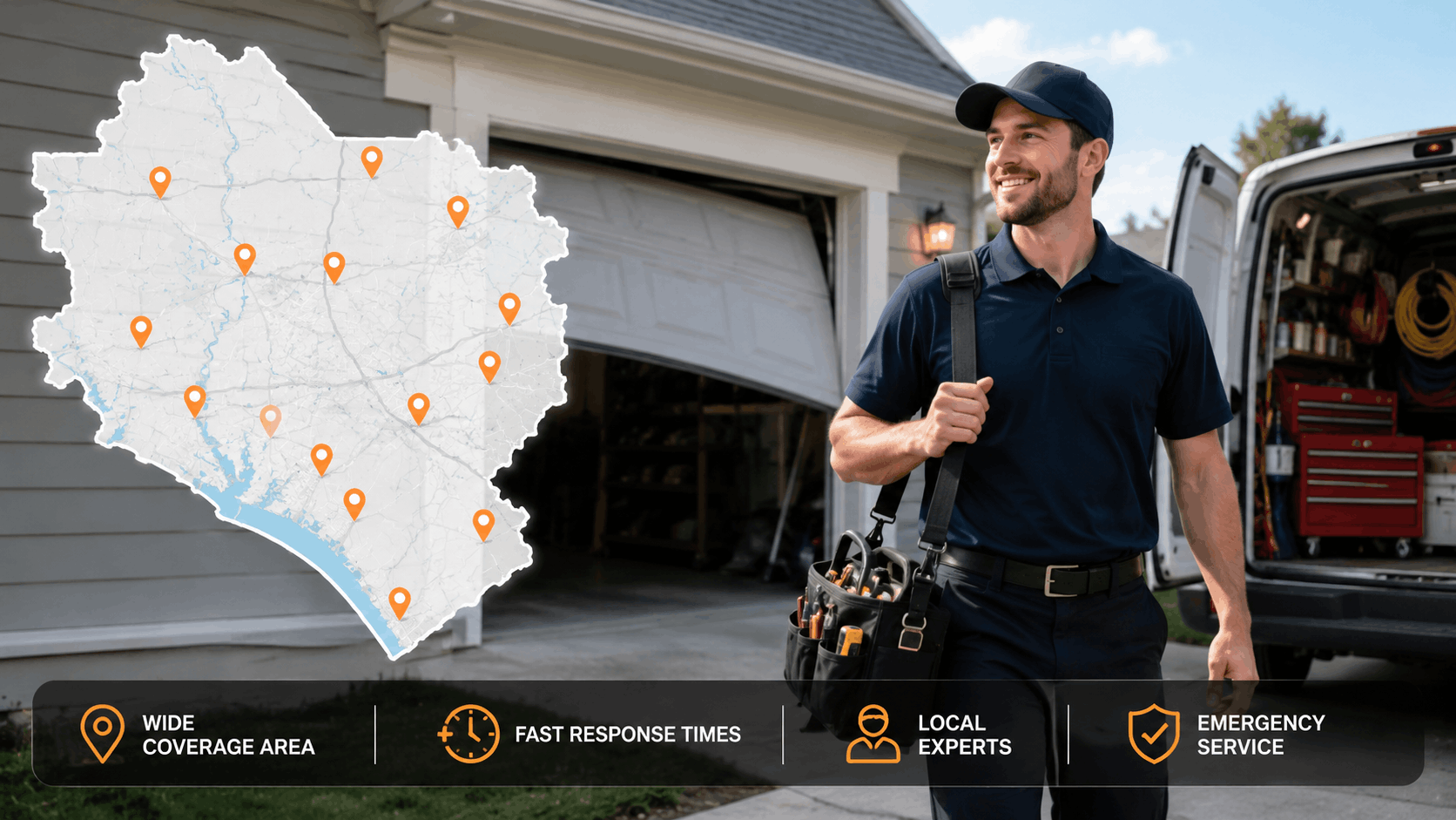 Garage door technician with tools arriving at home showing Irvine service coverage map