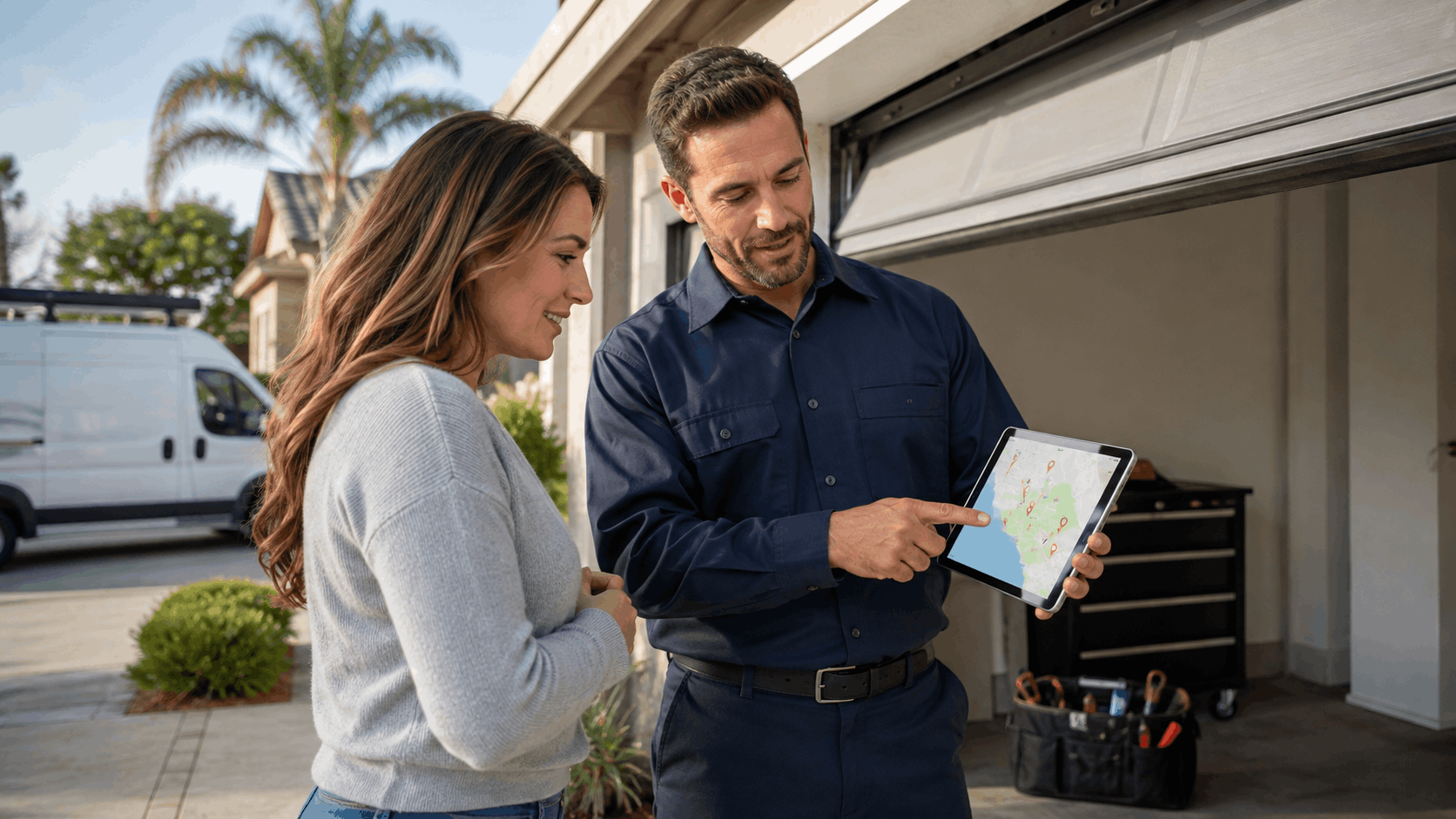Garage door technician showing homeowner local service map on tablet in Irvine driveway