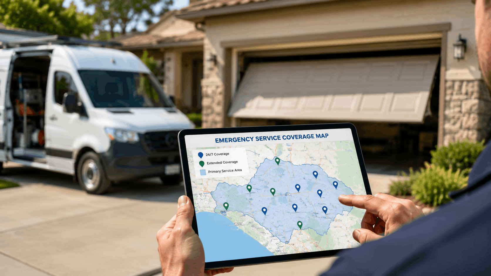 Garage door technician reviewing emergency service coverage map on tablet in Irvine driveway