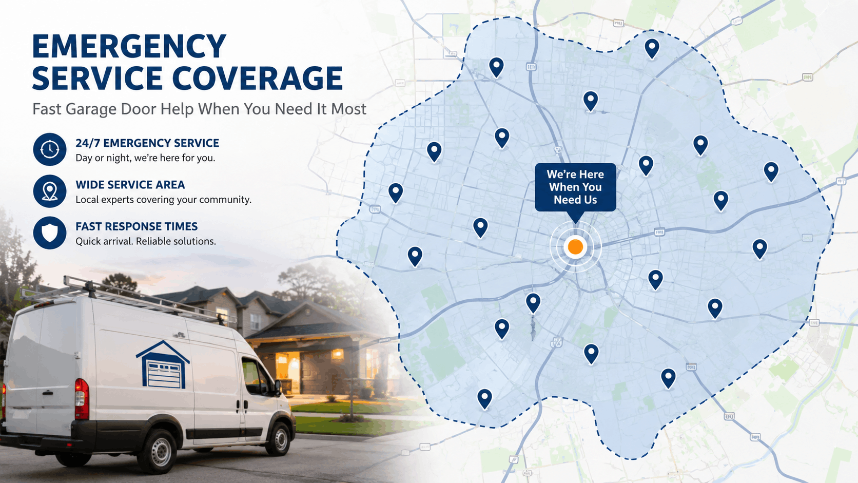Emergency garage door service coverage map with service van for Irvine area