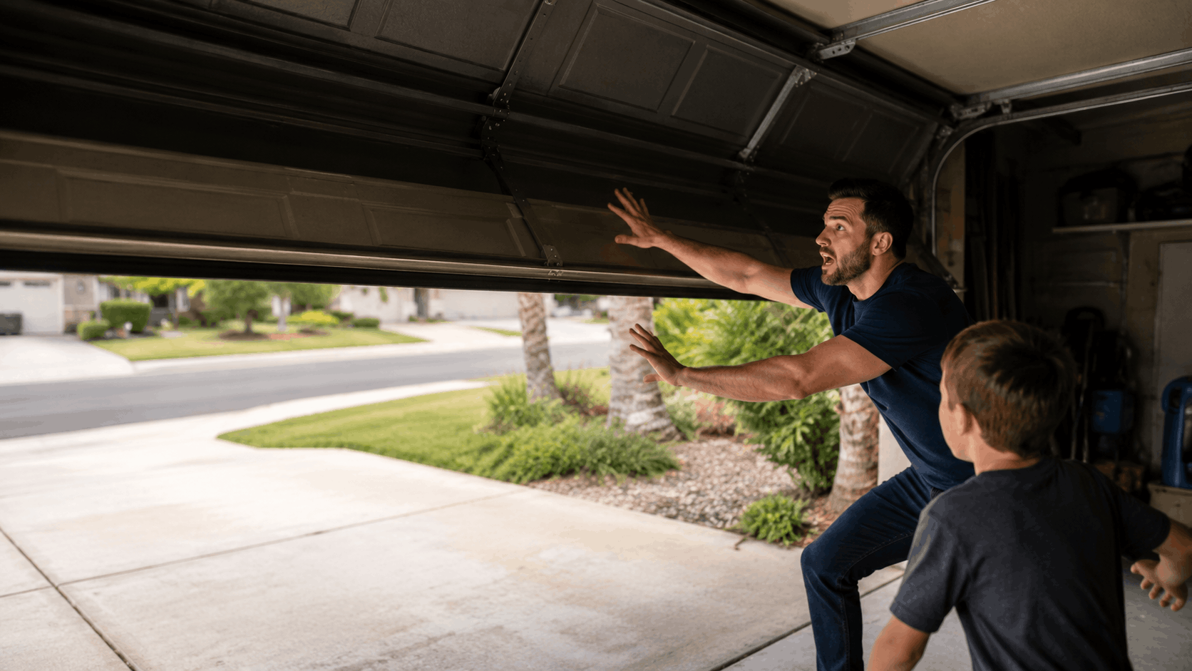 Man urgently holding garage door open while child stands nearby in Irvine garage