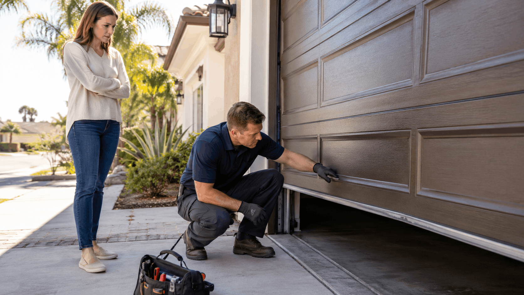 Garage door technician inspecting failing door bottom seal while homeowner watches concerned