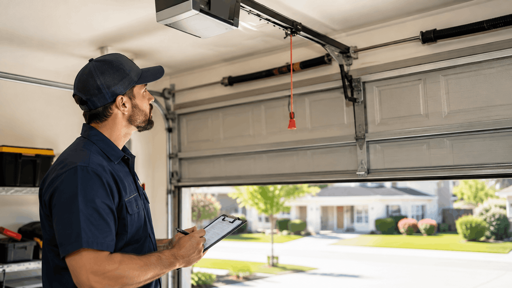 Garage door technician inspecting overhead opener mechanism with clipboard in Irvine home