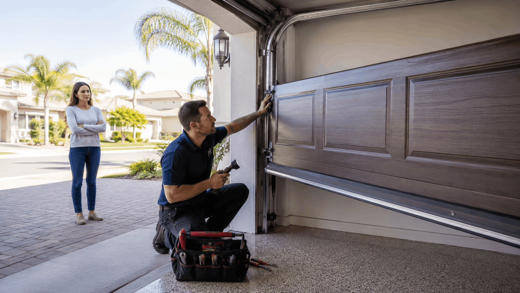 Garage door technician inspecting panel tracks while homeowner watches in Irvine driveway