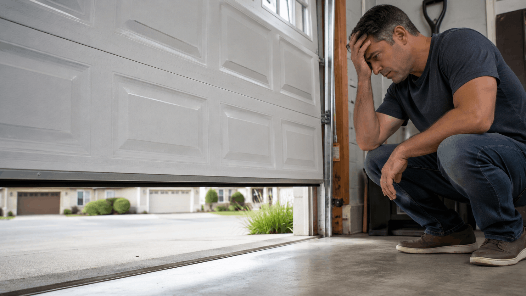 Frustrated man crouching beside stuck garage door that won't open fully