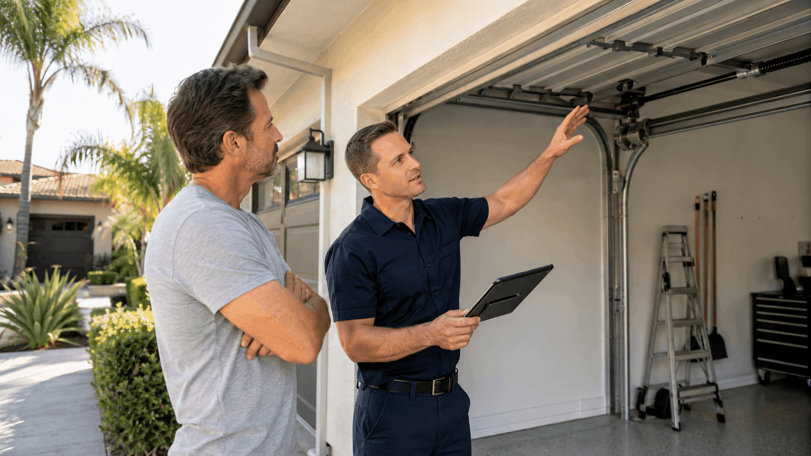 Garage door technician explaining opener mechanism to Irvine homeowner during inspection