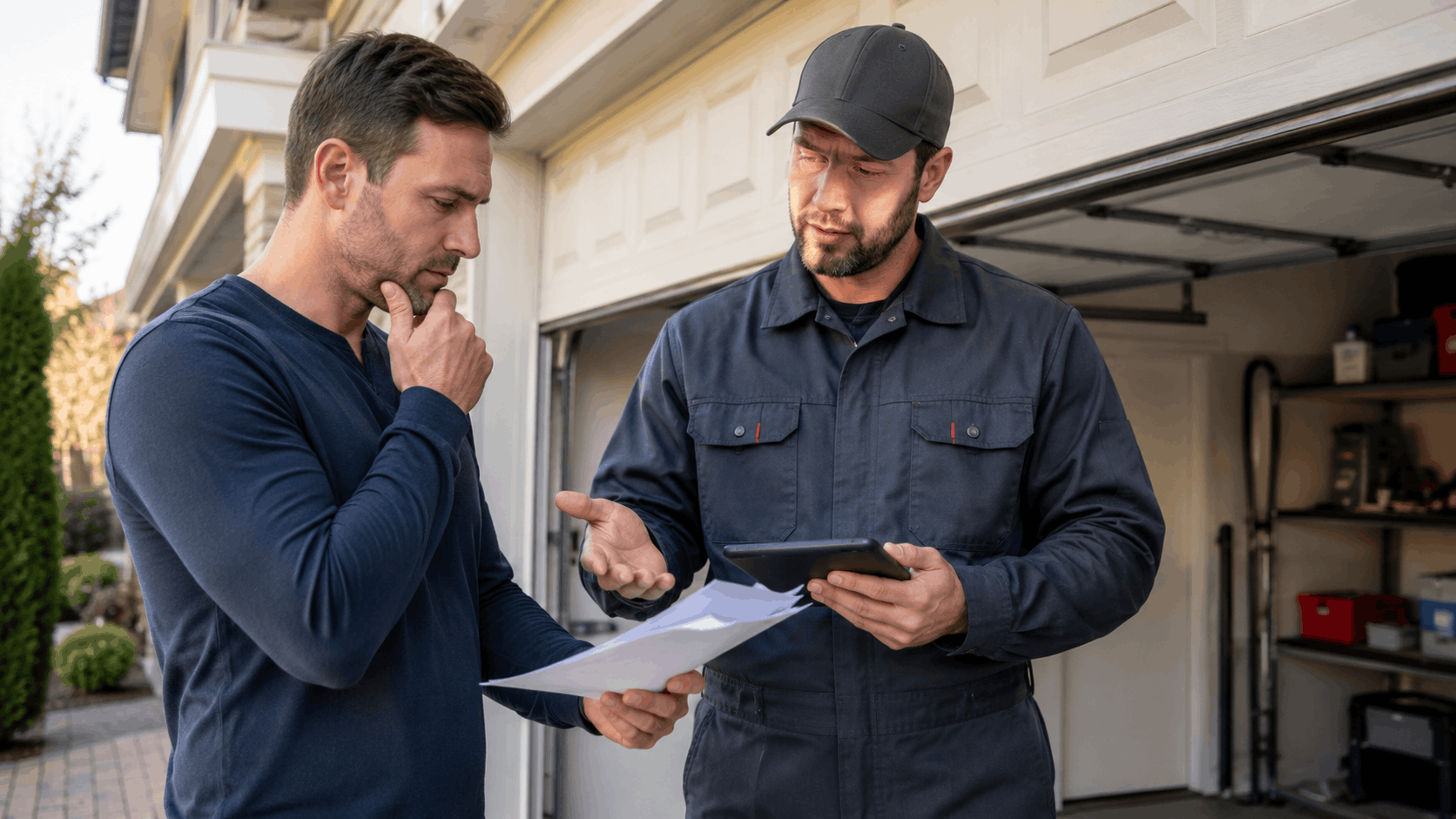 Garage door technician showing homeowner paperwork and tablet during high-pressure sales consultation
