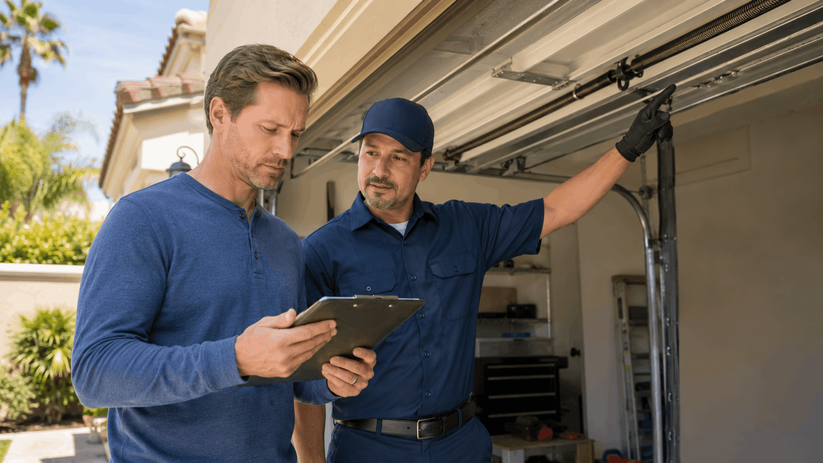 Garage door technician showing homeowner repair estimate on clipboard in Irvine driveway