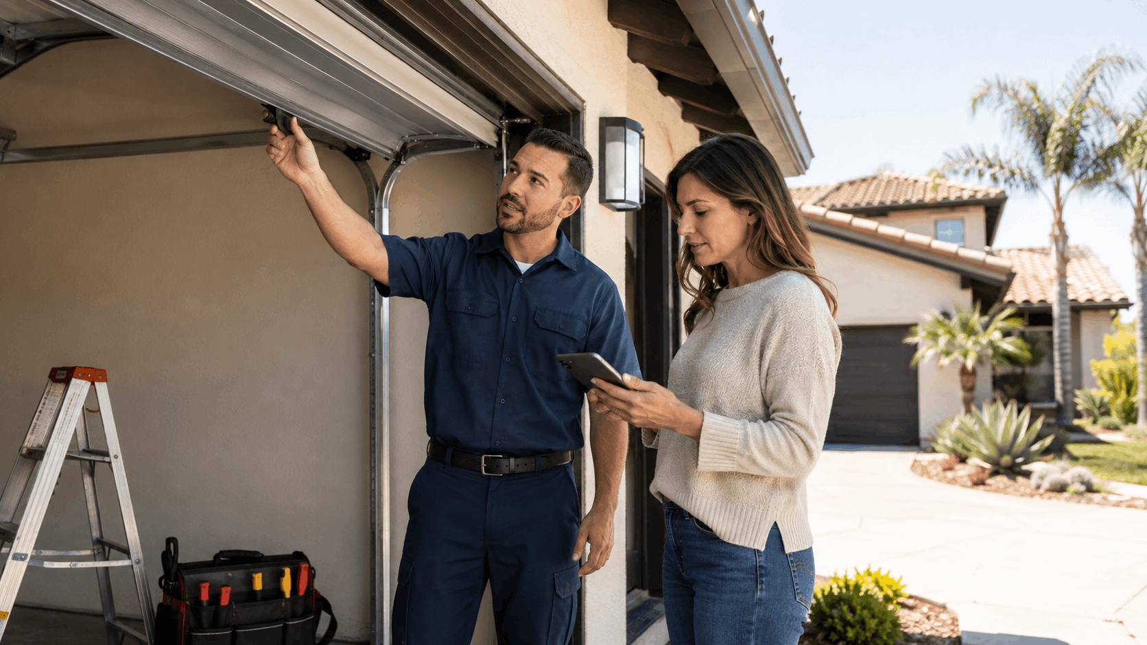 Garage door technician inspecting door track while homeowner reviews tablet in Irvine