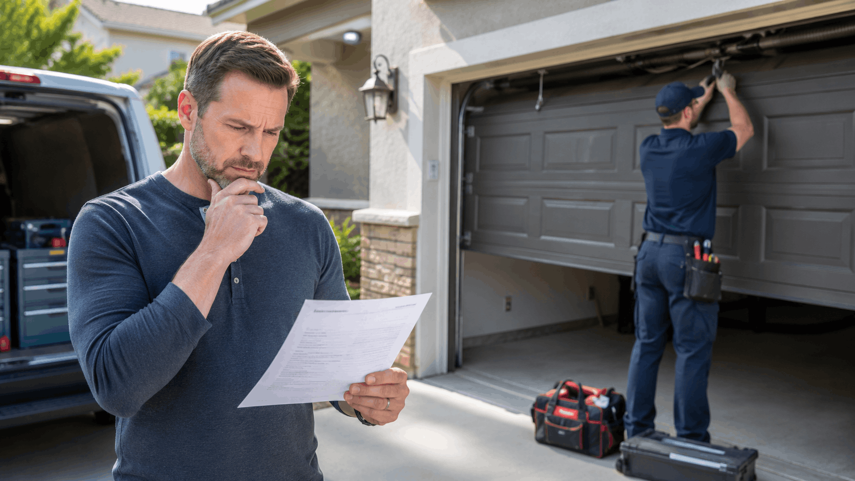 Homeowner reviewing garage door repair estimate while technician works on Irvine garage