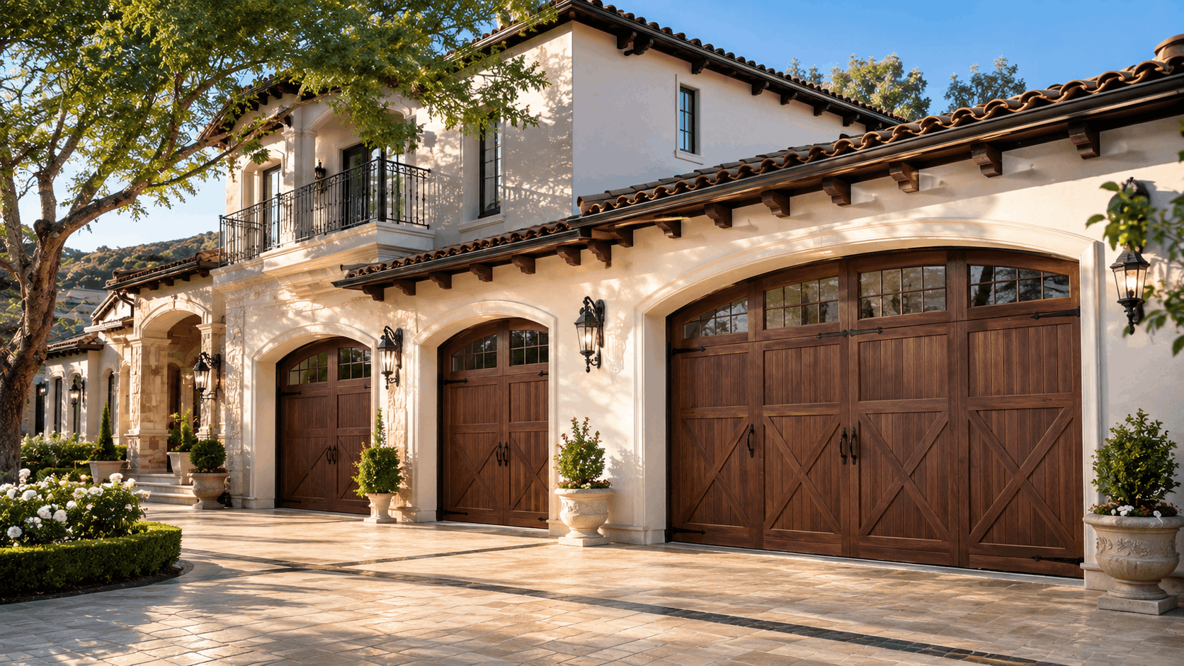 Spanish Colonial home with three arched wooden garage doors requiring HOA approval Irvine