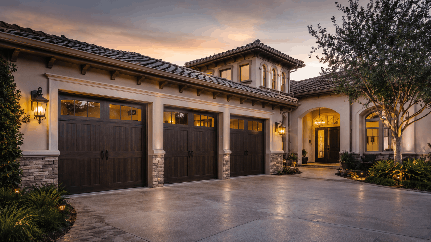 Luxury Spanish-style home with dark wood garage doors at dusk in California