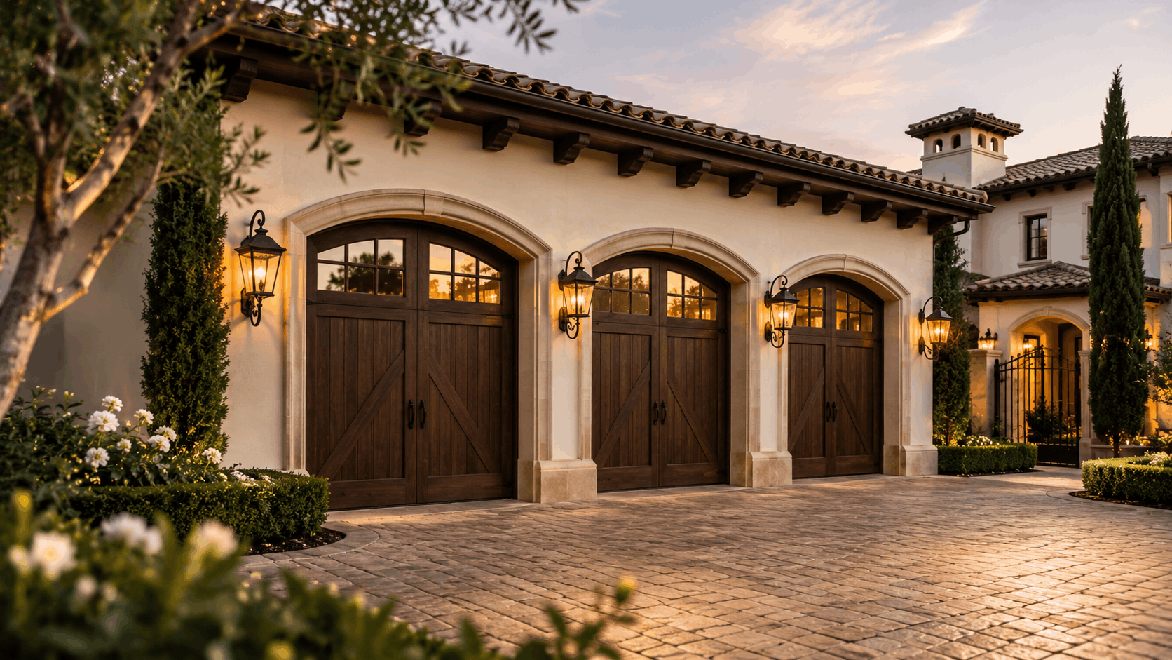 Elegant Spanish-style home with three arched wood garage doors in Irvine neighborhood