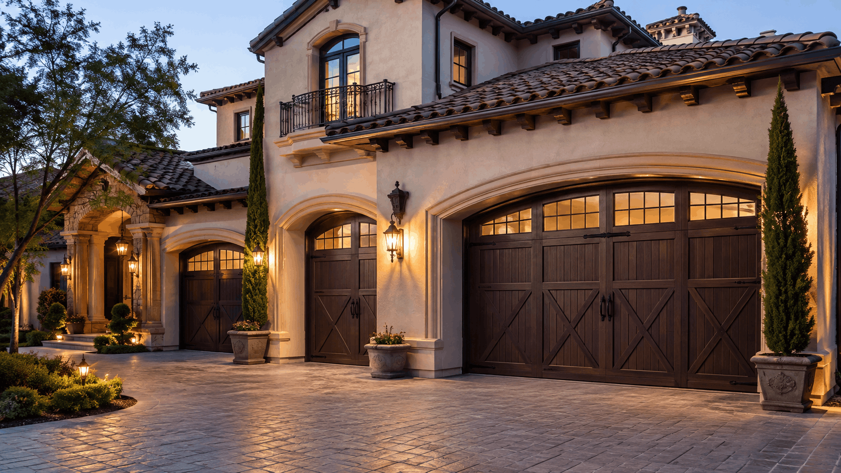 Luxury Irvine home featuring elegant wooden garage doors with arched stone surrounds