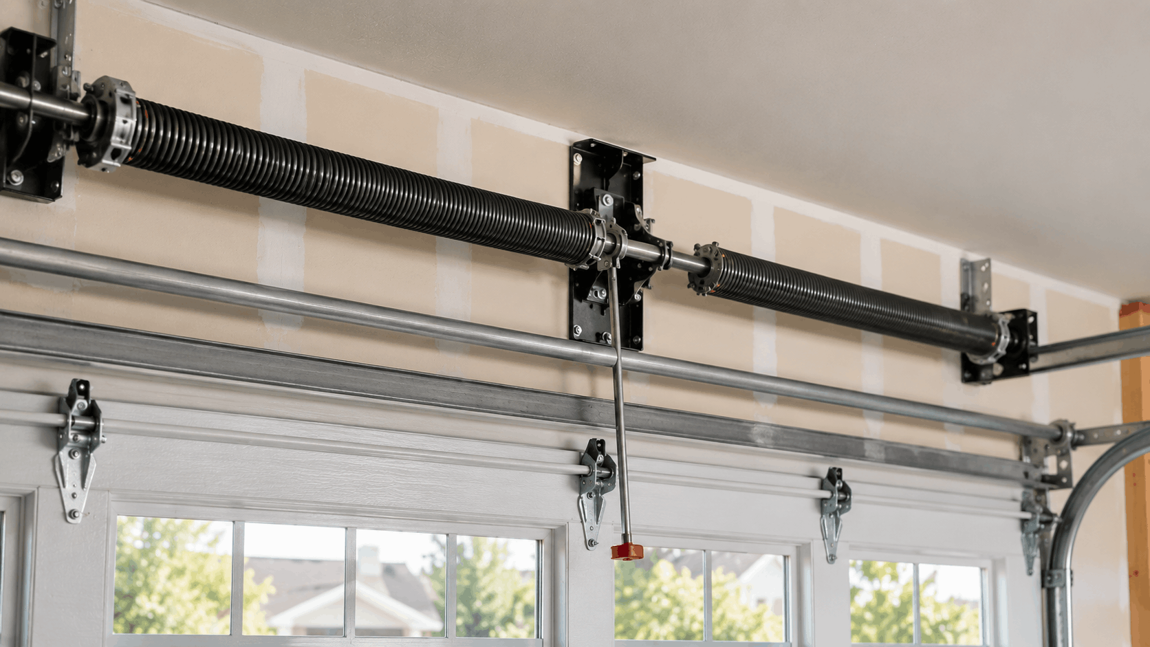 Torsion spring system above double garage door with center bracket in Irvine