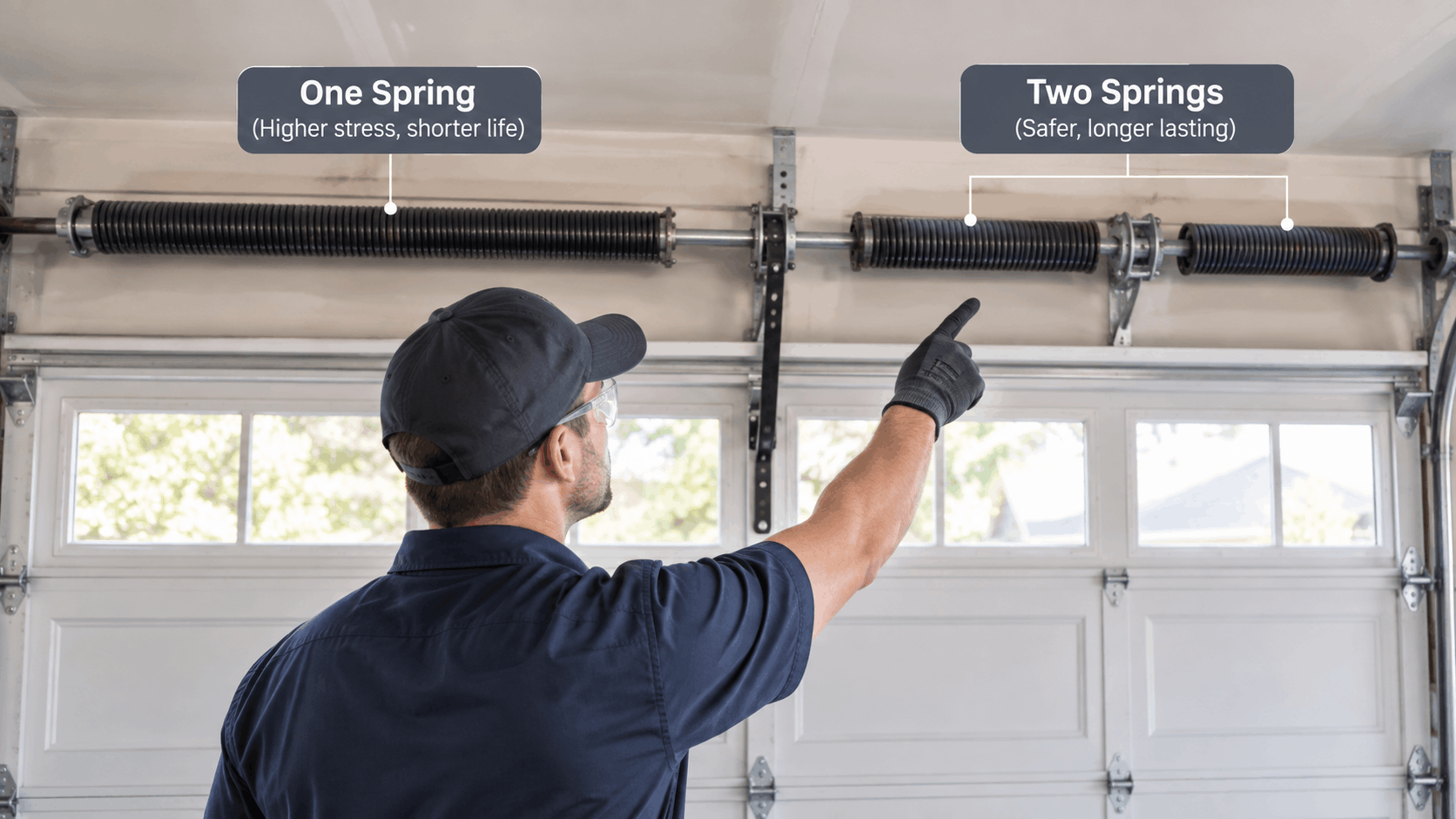 Garage door technician pointing to torsion springs comparing one versus two spring systems