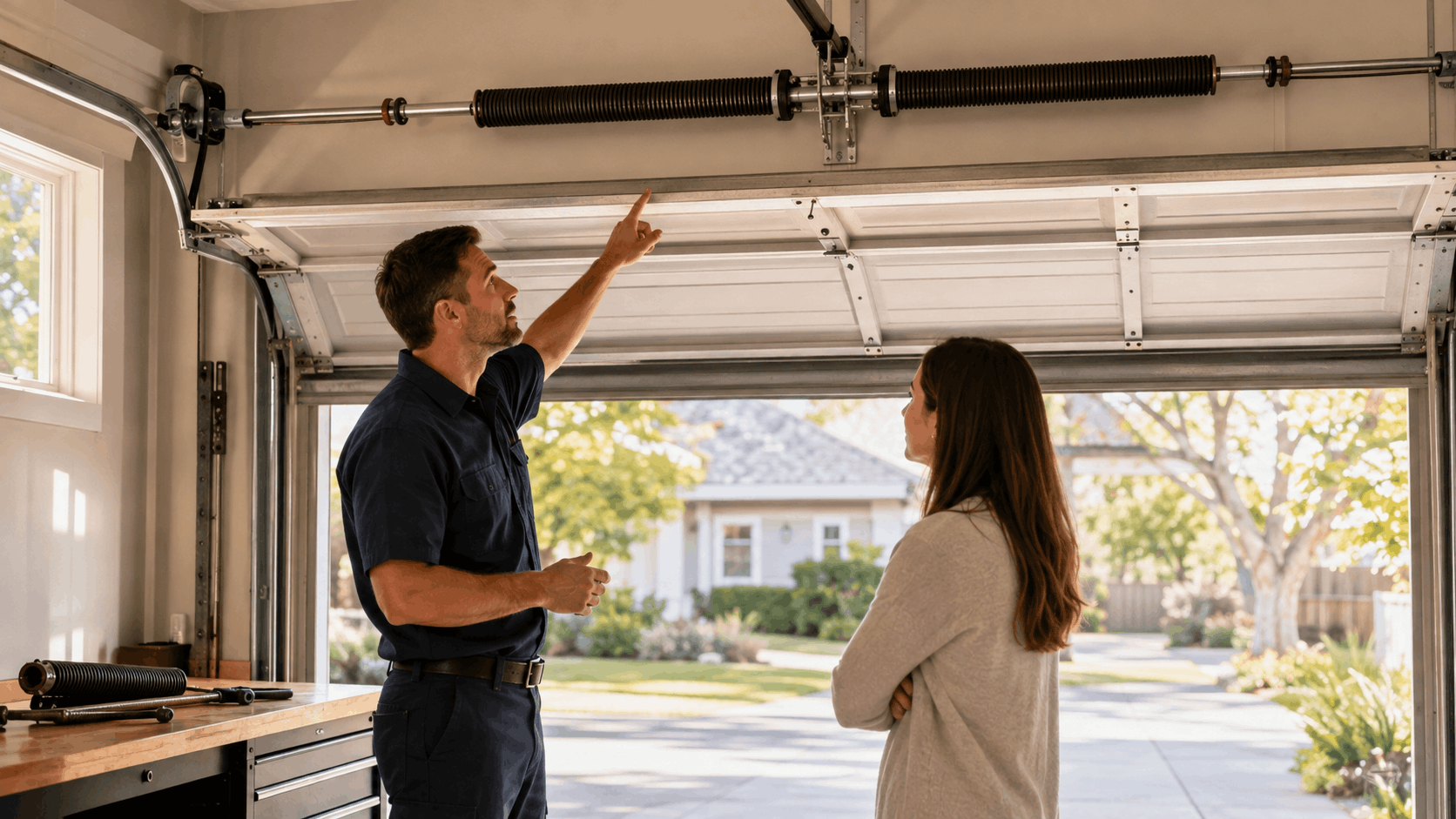 Garage door technician explaining spring repair to Irvine homeowner in open garage