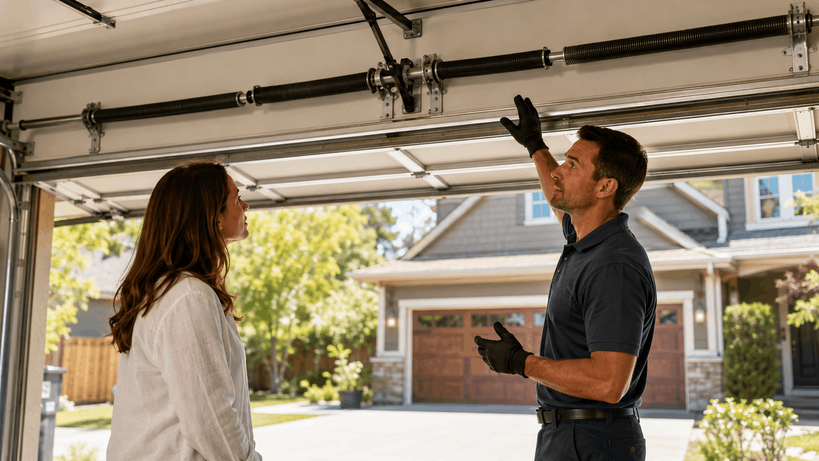 Garage door technician explaining spring system to homeowner in Irvine residential garage