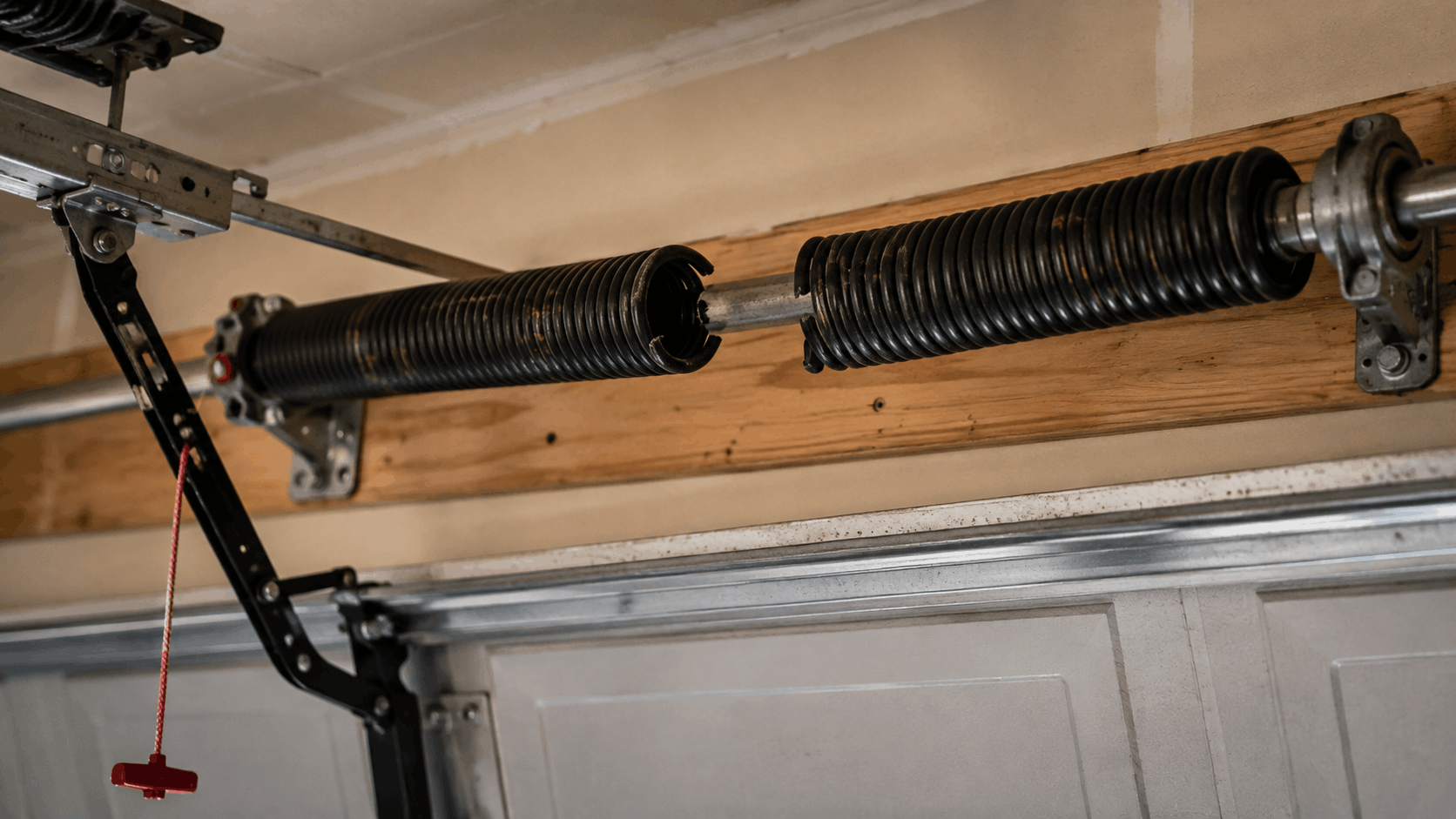 Broken garage door torsion spring replacement system with dual coil springs in Irvine home
